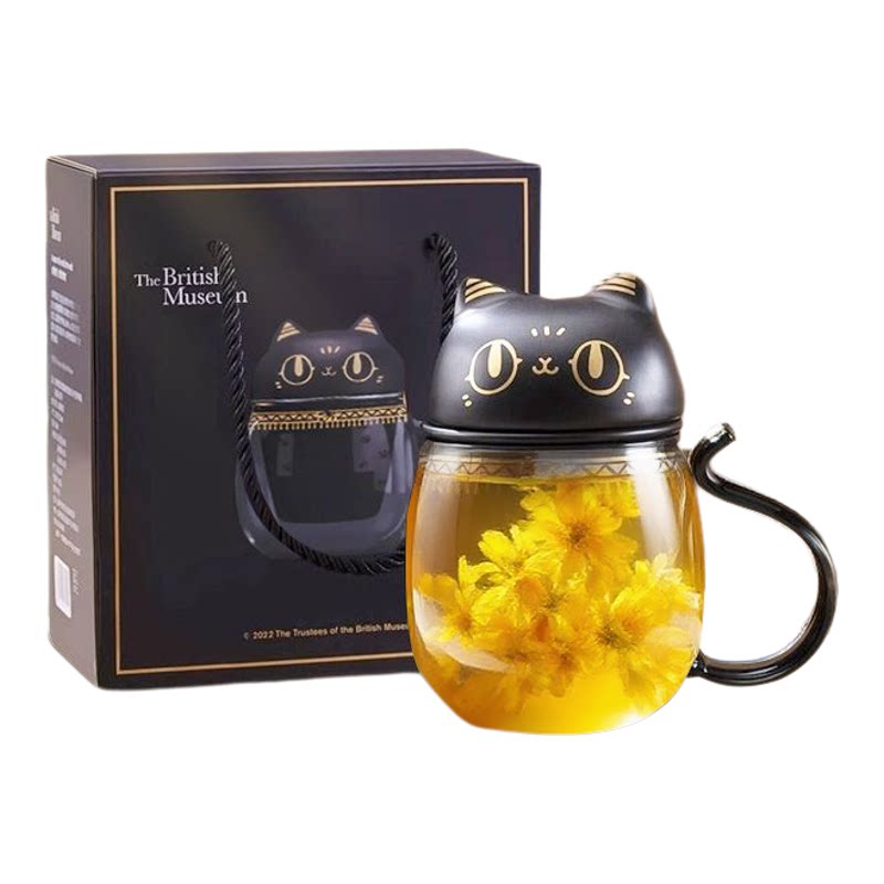 大英博物馆萌猫茶水分离花茶杯高硼硅玻璃杯子女生日礼物送闺蜜