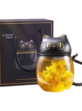 大英博物馆萌猫异形猫头茶水分离花茶杯实用玻璃杯子毕业生日礼物