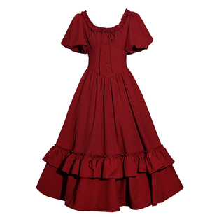 弥爱原创《玫瑰庄园》重工法式宫廷复古束腰红色超大摆礼服连衣裙