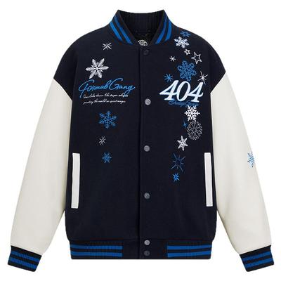 404MOB雪花刺绣秋冬夹棉加厚外套男美式宽松拼接PU皮情侣棒球服女