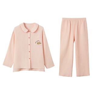 红豆居家【呼吸棉】情侣纯棉双层纱布睡衣女长袖家居服透气春夏男