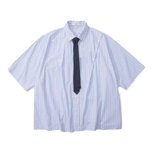 Unvesno (UN) 复古条纹衬衣切割线领带短袖衬衫夏季中袖潮流上衣