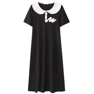 300斤学院风小黑裙胖莹莹大码女装夏季甜美刺绣娃娃领高腰连衣裙