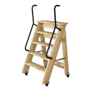 家用加宽带轮书架梯子可移动实木梯子多功能加厚登高可折叠书柜梯