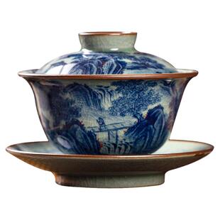 老陶泥柴窑青花三才盖碗手绘山水满工高端重器泡茶碗景德镇盖杯单