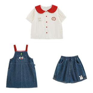 幼悠女童欢乐农场系列2025夏季苹果造型翻领衬衫牛仔短裤多件套潮