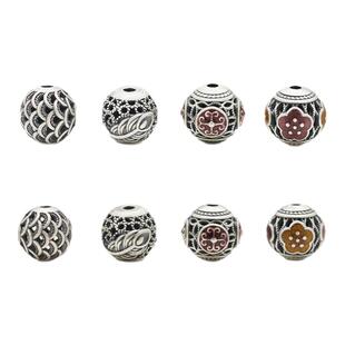 足银隔珠 镂空掐丝做旧龙鳞尾羽如意梅花滴胶圆珠S999纯银DIY配件