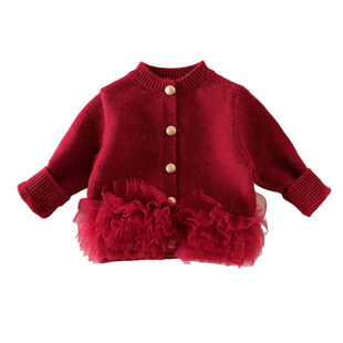 女童红色毛衣女宝宝外套冬装保暖针织开衫儿童冬季拜年服周岁礼服