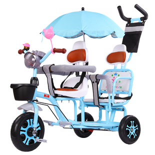 双人儿童三轮车脚踏车宝宝可带人手推车双胞胎坐大小孩玩具自行车