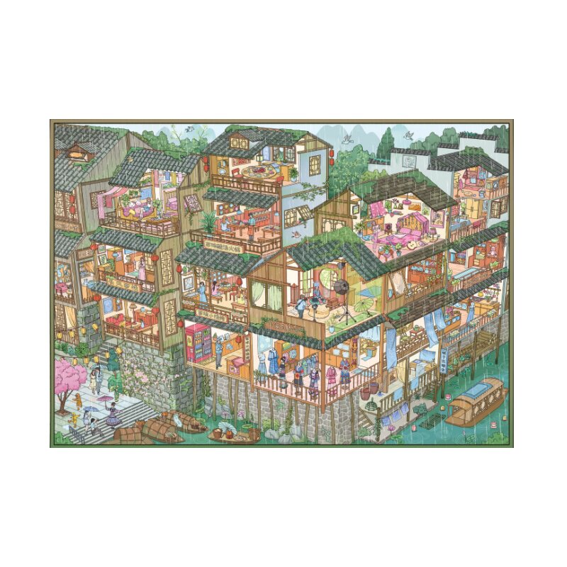 凤凰雨季国风江南古镇造景贴纸格子间极繁微缩场景解压diy拼贴画