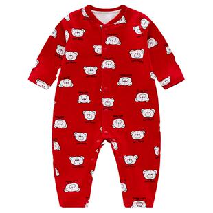 拉比婴幼儿连体衣宝宝2025秋冬新款长袖爬服新生儿满月红色哈衣