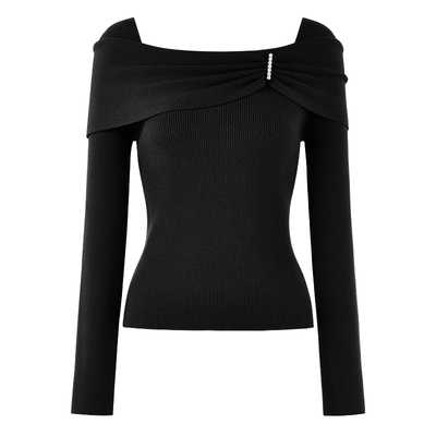 秋水伊人蝴蝶结一字肩针织衫女