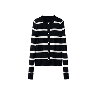 TKY SHOP黑白条纹圆领长袖针织开衫女春秋款简约修身显瘦短款上衣