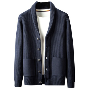 2025春秋新款针织衫男商务休闲外衣羊毛开衫中老年青果领毛衣外套