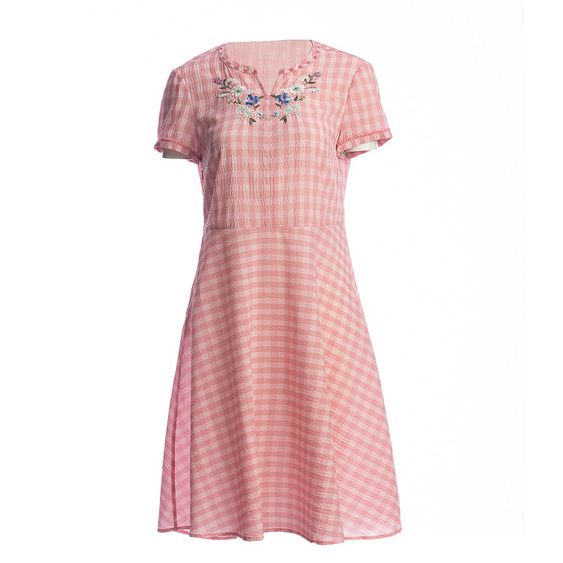 渔牌服饰连衣裙2021新款夏季条纹方格绣花V领短袖裙子女FFNB0178