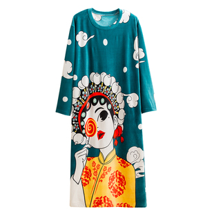 秋冬天鹅绒睡衣女中国潮风珊瑚绒大码宽松胖MM可爱长款睡裙家居服