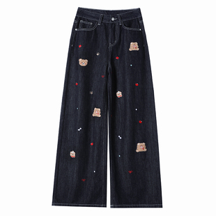 美式复古小熊刺绣直筒牛仔裤女加绒2025秋冬高腰设计感窄版阔腿裤