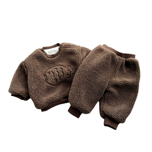 男宝宝冬季外出羊羔绒套装男童加绒加厚上衣婴儿毛绒保暖束脚裤子
