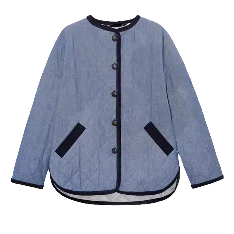 蓝色菱格棉服风衣外套女高级设计