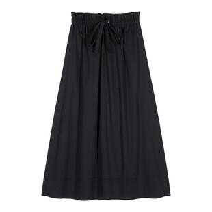 bash春季简约设计通勤半裙花苞边黑色裙子松紧腰半身长裙1H23LARA