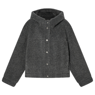 COVERINS100%羊毛连帽短外套女毛绒绒大衣2025冬新款CC35510130