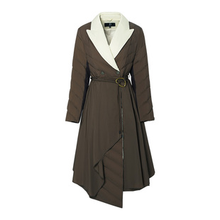 IDPAN气质干练女装秋冬新款不对称下摆撞色翻领长款羽绒服女