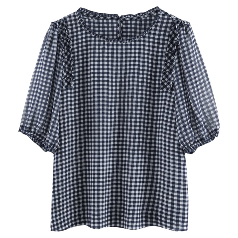 真丝衬衫女格子泡泡袖宽松上衣夏