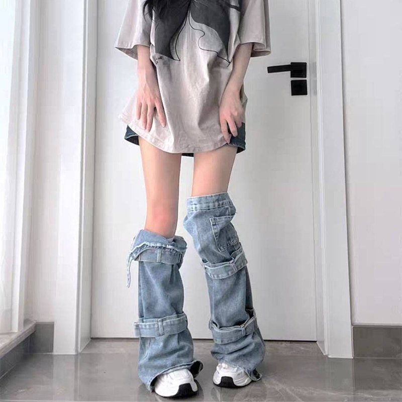 牛仔腿套辣妹女亚文化绑带小众袜套潮个性y2k百长筒袜堆堆设计搭