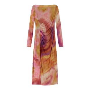 UR&DC2026春季新款度假风撞色印花气质收腰显瘦捏褶长袖连衣裙女