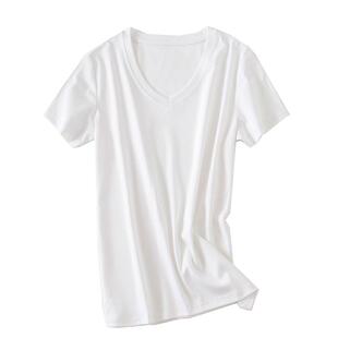 韩国lisa同款白色性感V领短袖宽松T恤高品质80支丝光棉上衣夏季女