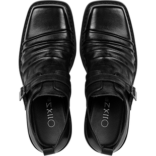 幻象者原创设计日系方头皮鞋休闲低帮厚底水洗压褶牛皮德比鞋男女