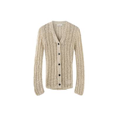 V领镂空针织开衫女新款