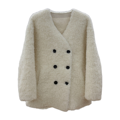 简约V领双排扣中长款羊羔毛皮毛