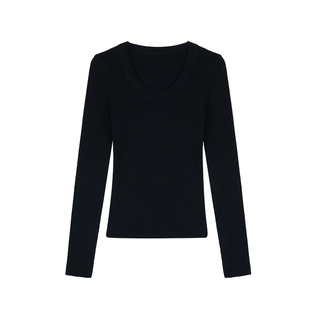 pusumede 温柔织物 基础U领羊毛长袖针织衫女气质修身打底衫上衣