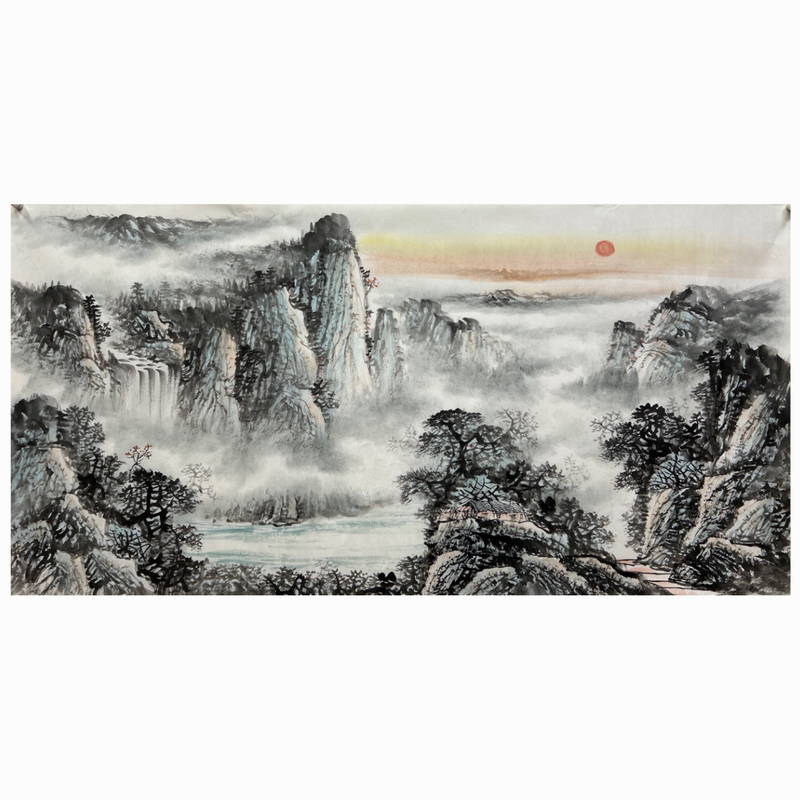 纯手绘四尺山水画旭日东升瀑布