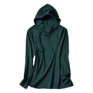 2025春秋新款墨绿色纯棉长袖连帽t恤女薄款卫衣打底衫百搭上衣ins