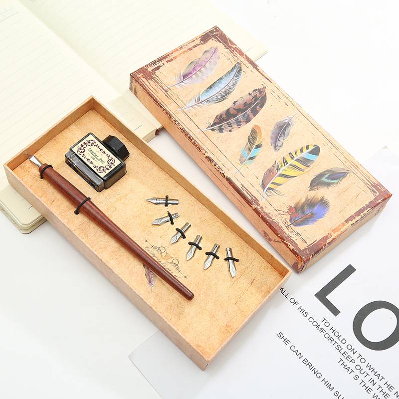 新款直销直供木制蘸水笔同学教师礼品笔羽毛盒墨水6笔尖复古钢笔