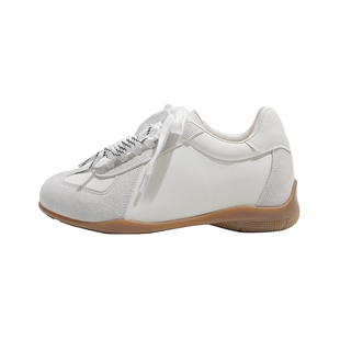 真皮~骄屿复古内增高系带德训鞋女新款拼色百搭舒适厚底休闲板鞋