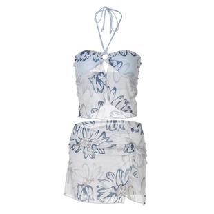 shemoda海边度假风半透网纱比基尼套装女 绑带开衫上衣开叉半身裙