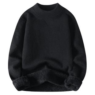 秋冬季加绒半高领毛衣针织衫男款纯色简约内搭打底衫黑色毛线中年