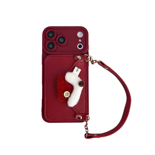 酒红毛绒小马零钱卡包适用iphone17promax手机壳16pro斜挎挂绳苹果13女15创意14pro手提背带12硅胶xr全包软套