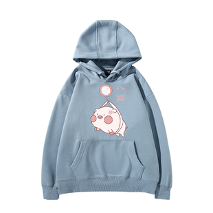 可爱粉红猪猪ins超火连帽卫衣男女情侣卡通休闲宽松加绒长袖外套