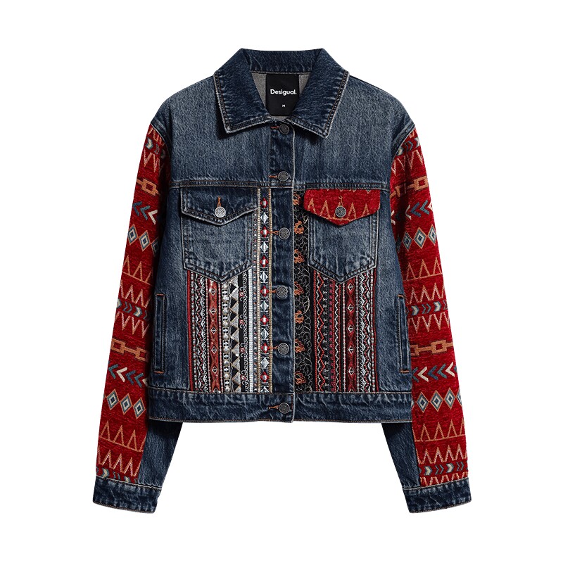 Desigual26秋冬新品游牧风几何提花拼接多口袋女式牛仔女式外套