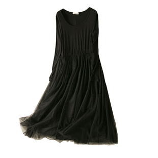 2025秋季新款韩版莫代尔长袖网纱裙宽松大码打底长裙仙女连衣裙黑