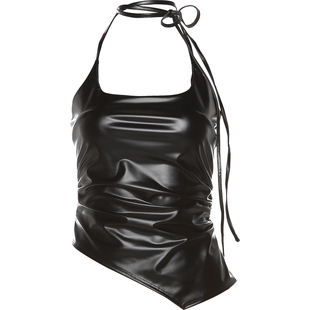 KLIOU 又酷又飒个性黑色PU皮挂脖吊带背心女褶皱不规则显瘦上衣潮