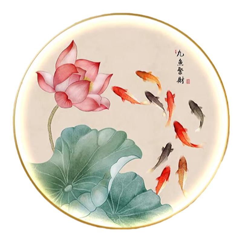 新中式玄关装饰画荷花九鱼图