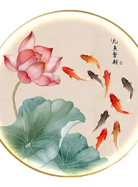 新中式玄关装饰画荷花九鱼图