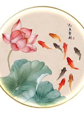 新中式玄关装饰画荷花九鱼图