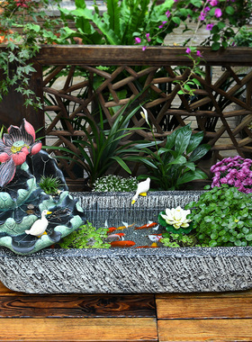 室外庭院造景布置阳台小鱼池户外仿石槽鱼缸流水摆件循环水系景观