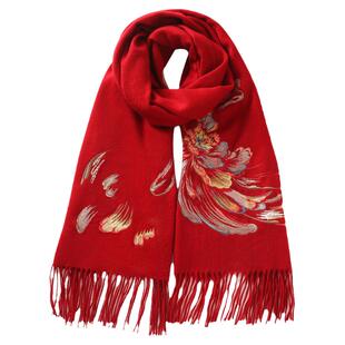 恒源祥绵羊毛围巾女刺绣妈妈大红色无羊绒大披肩中老年斗篷秋冬季